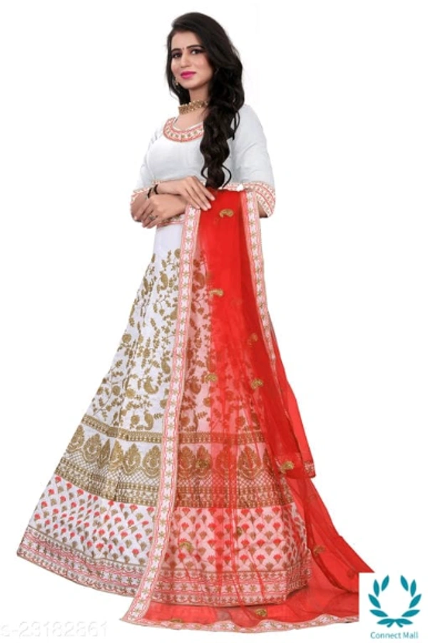 Beautiful Semi Stitched  lehenga Choli - Free Size, White, Red, Satain Dupatta Fabric : Net, Embroidered, Multipack :1